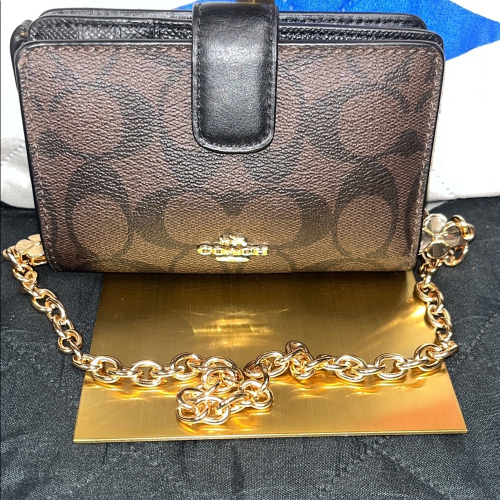 Coach Black and Brown Wallet with Gold Chain